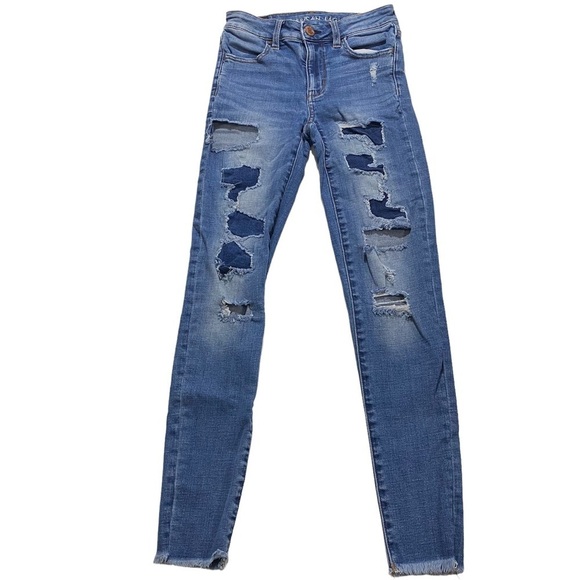 American Eagle Super Stretch Hi-Rise Jegging Women Light Wash Destroyed Sz 0 x27 - Picture 1 of 13